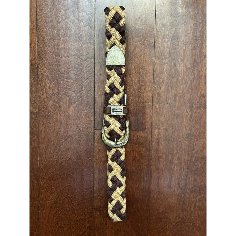 Vintage Braided Fiber and Leather Woven Belt in Brown and Tan with Metal Buckle